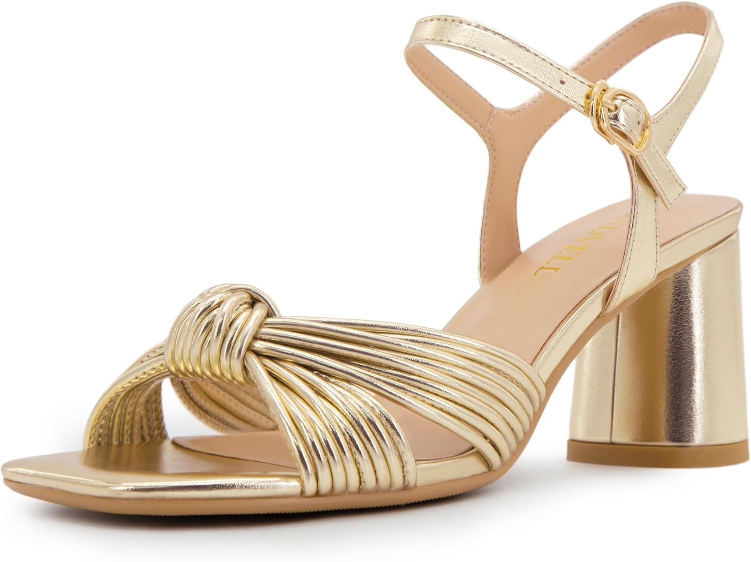 FINDVELL Women’s Heeled Sandals Chunky Block Heel Strappy Metallic Braided Knot Square Open Toe Ankle Strap