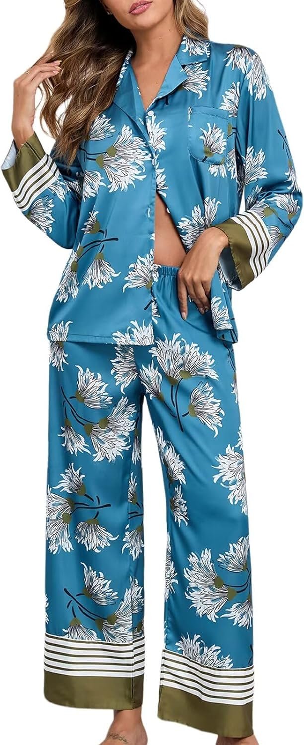 Brosloth Womens Silk Pajamas Floral Satin Pj Sets Button Up Long Sleeve Comfy Soft Fall 2 Pieces Lounge Sets