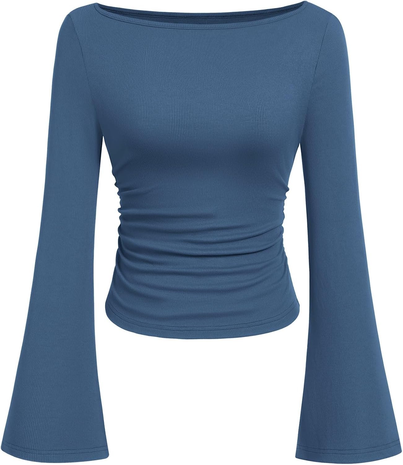PRETTYGARDEN Womens Long Sleeve Shirts 2026 Spring Crop Going Out Tops Casual Boat Neck Bell Sleeve Ribbed Ruched Y2K Clothes
