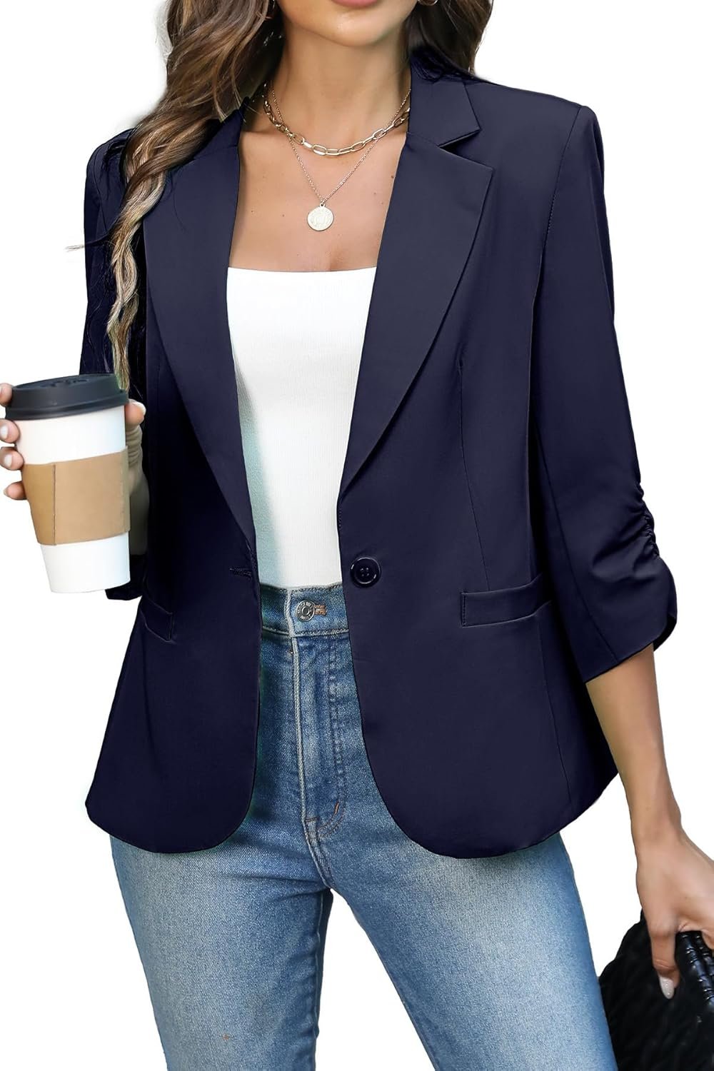 ELLEVEN Women’s Ruched 3/4 Sleeve Blazers, Lightweight Slim Fit Jackets with Padded Shoulder for Business Casual