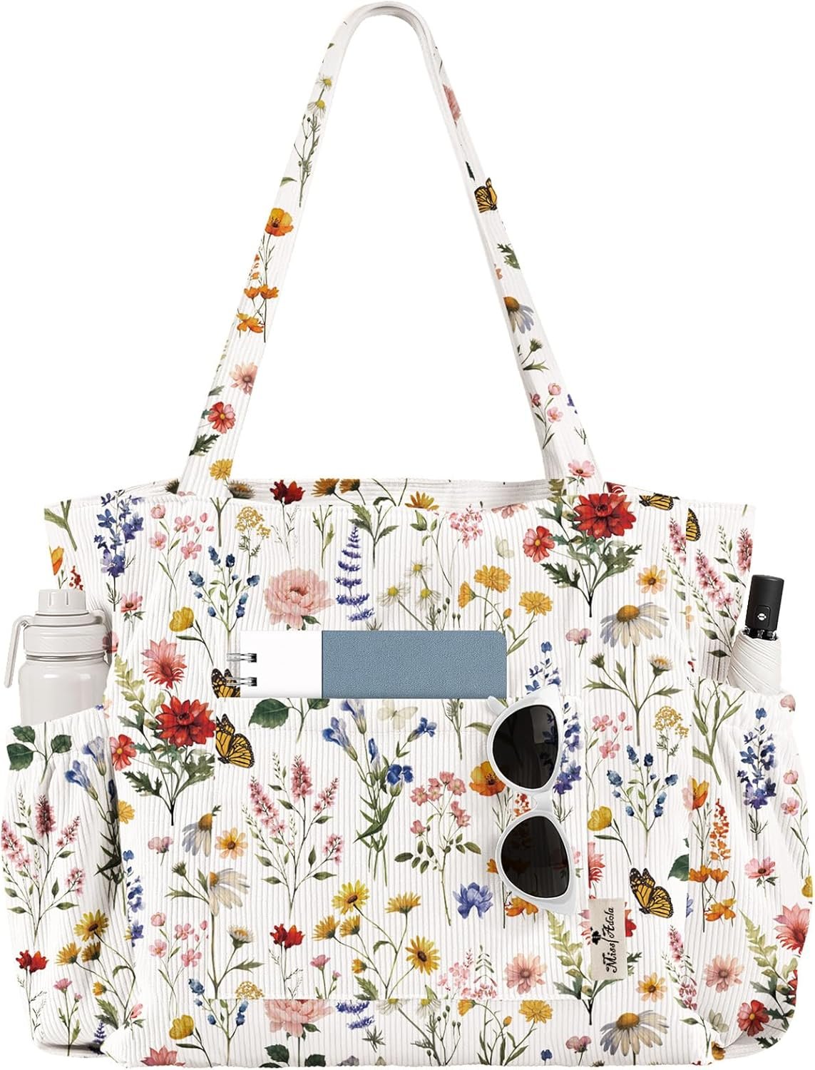 Miss Adola Large Corduroy Tote Bag for Women – Cute Shoulder Reusable Canvas Bags with Zipper Multi-Pocket for School