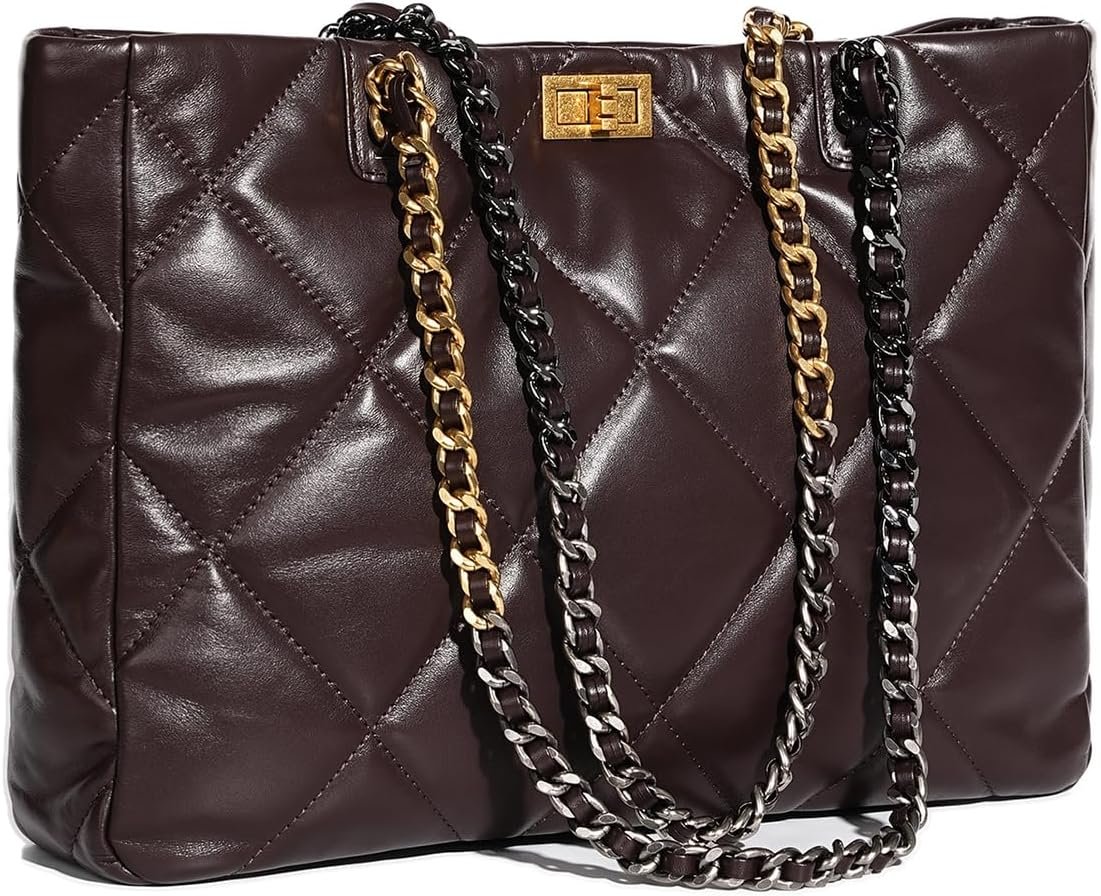 Luxury Soft Lambskin Quilted Shoulder Bag with Black & Gold Mixed Chain Strap for Women