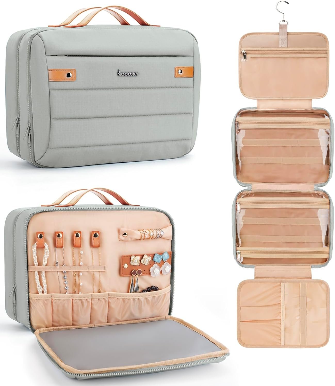 COOSKY Women’s Hanging Toiletry Bag, Waterproof Travel Cosmetic Organizer with Jewelry Storage, Large Capacity Makeup Case for Full-Size Skincare & Bathroom Essentials, Portable Cosmetic kit, Grey