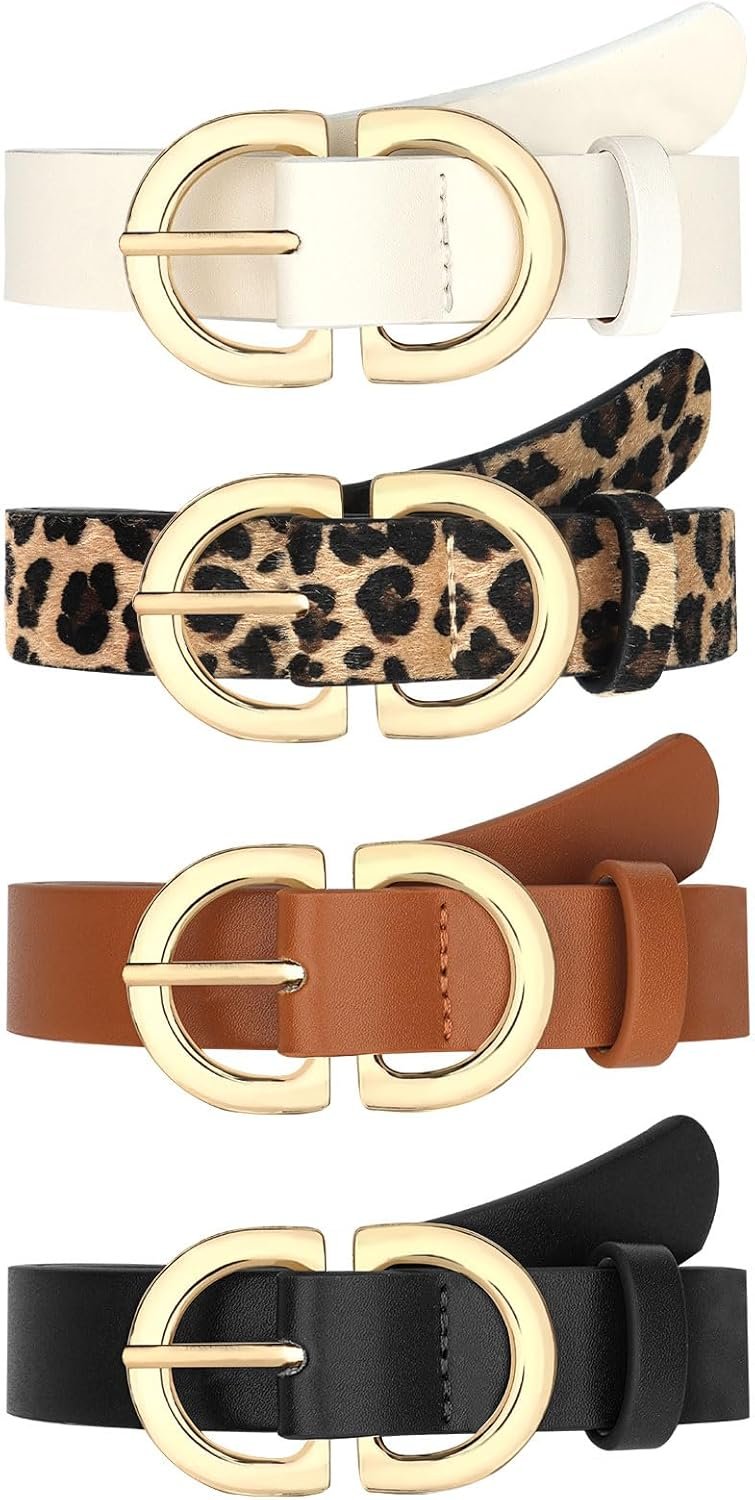 YARIEW 4 Pack Leopard Belts for Women Leather Belts for Jeans Pants Ladies Dress Belt Waist Belt with Gold Buckle