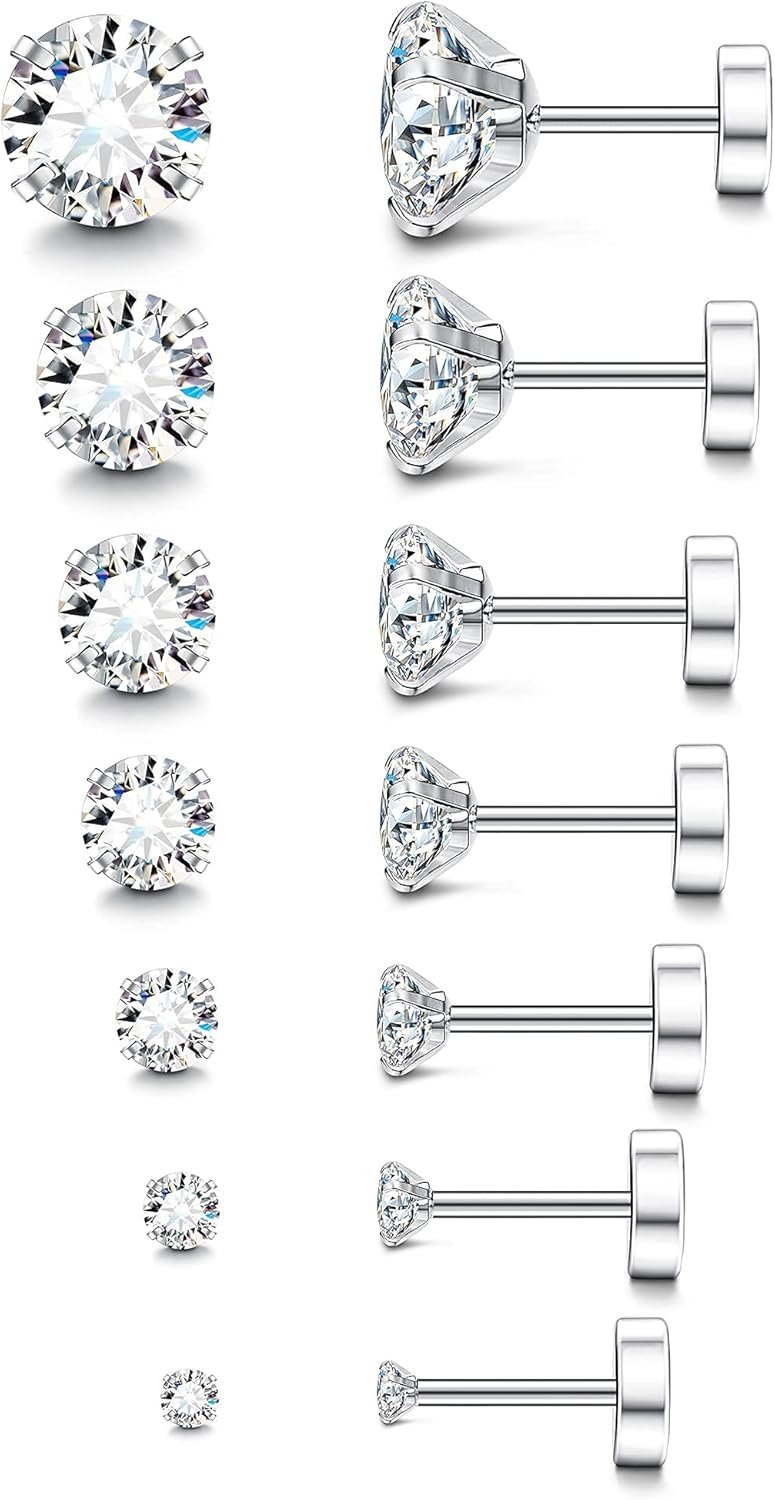 Fansilver 20G Hypoallergenic Flat Back Earrings for Women Men Silver 14K Gold Stainless Steel Stud Earrings Birthstone Cubic Zirconia Studs Surgical Steel Cartilage Earrings for Sensitive Ears