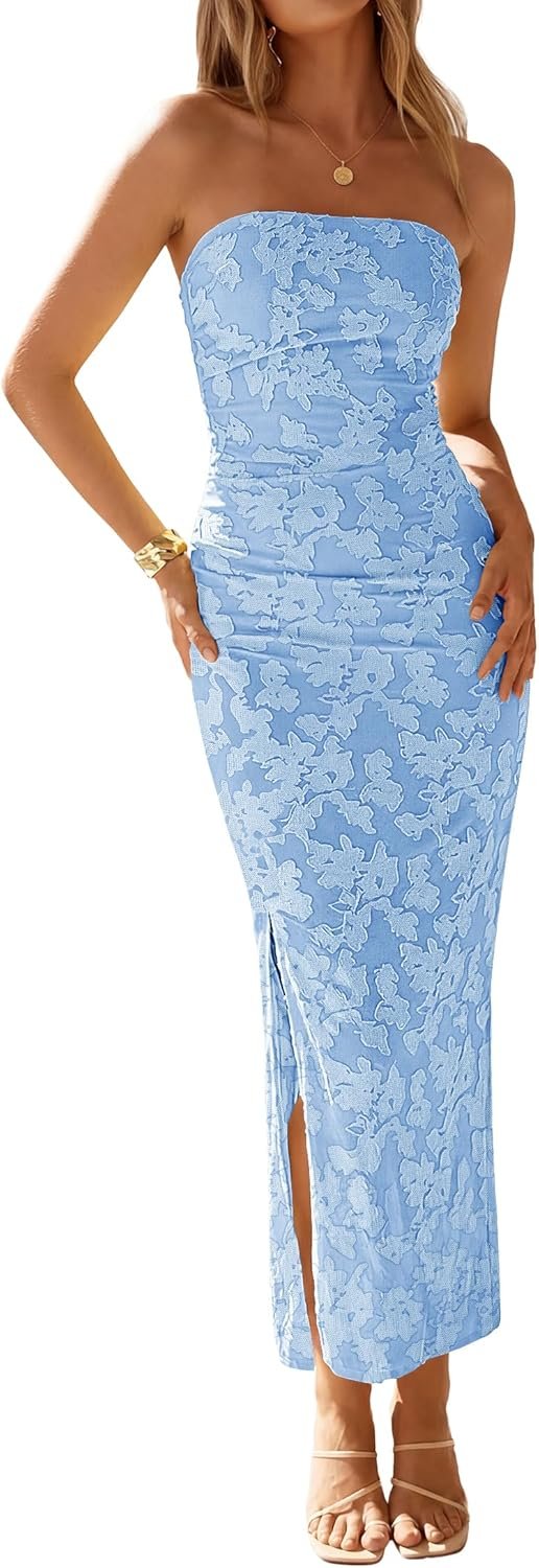 ZESICA Womens 2026 Summer Floral Strapless Maxi Dress Bodycon Side Slit Mesh Formal Cocktail Party Wedding Guest Long Dresses