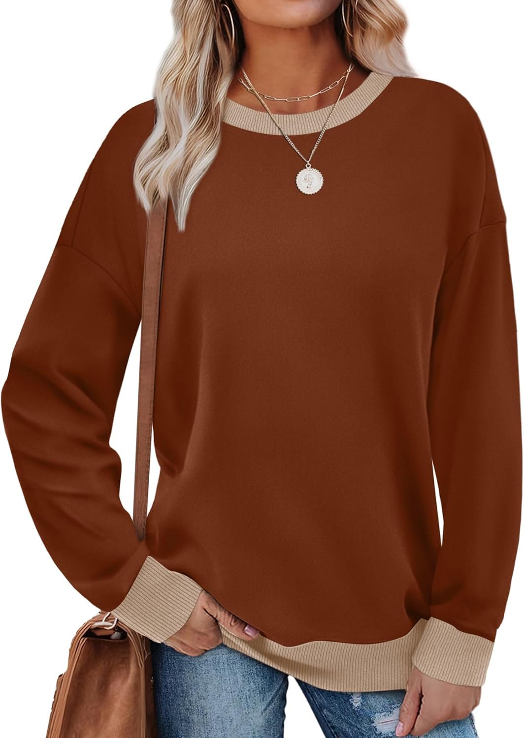 Saloogoe Sweatshirts for Women Crewneck Long Sleeve Loose Fit Tops Color Block Ribbed Trim Fashion 2025