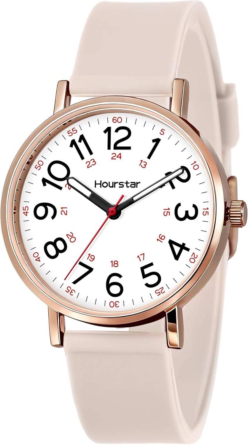 Women’s Analog Nurse Watch with Second Hand for Nursing, 12/24 Time, Silicone Band, Easy Read