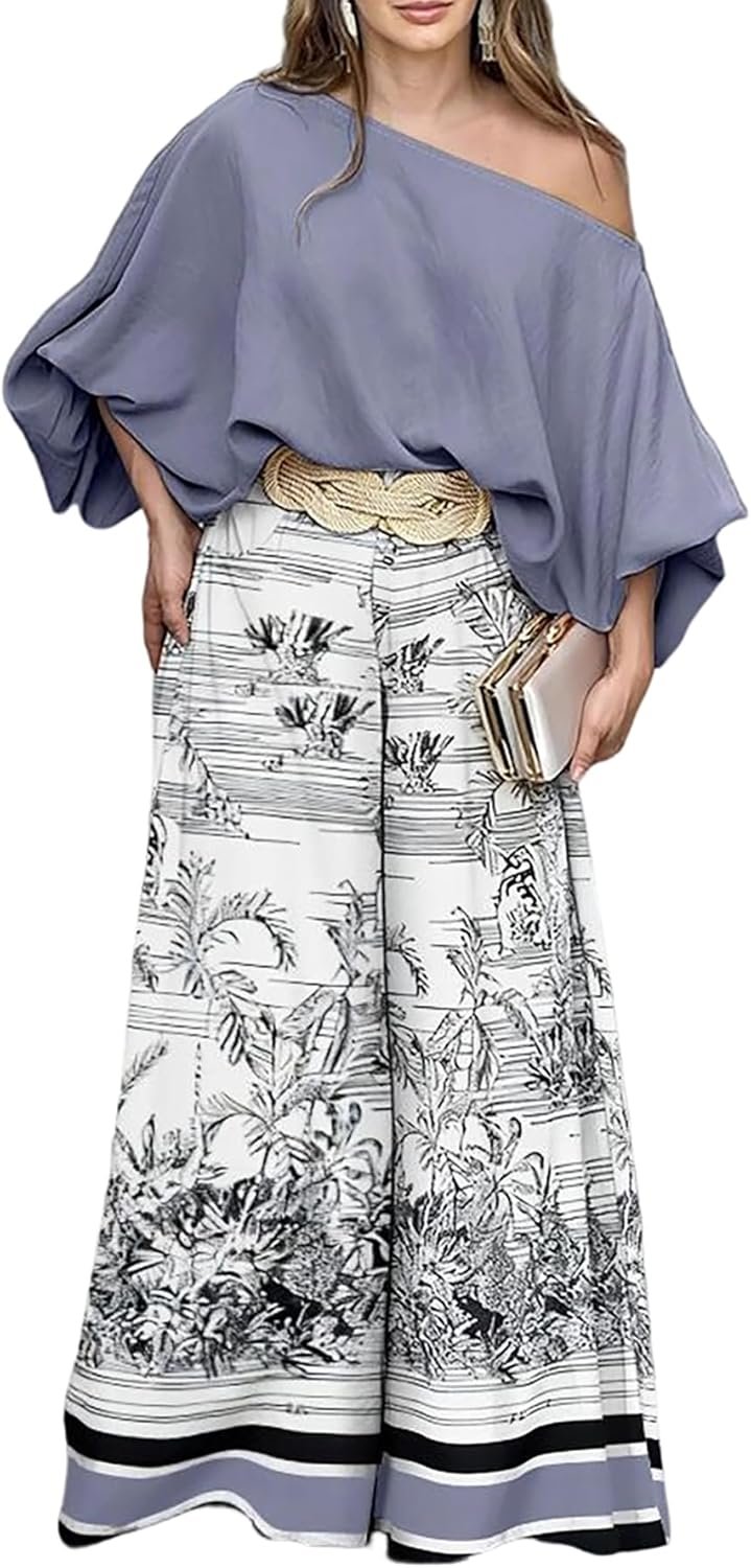 CHICME Women Summer 2 Piece Outfits Off Shoulder Top Flowy Wide Leg Pants Set Vacation Travel Airport Outfits