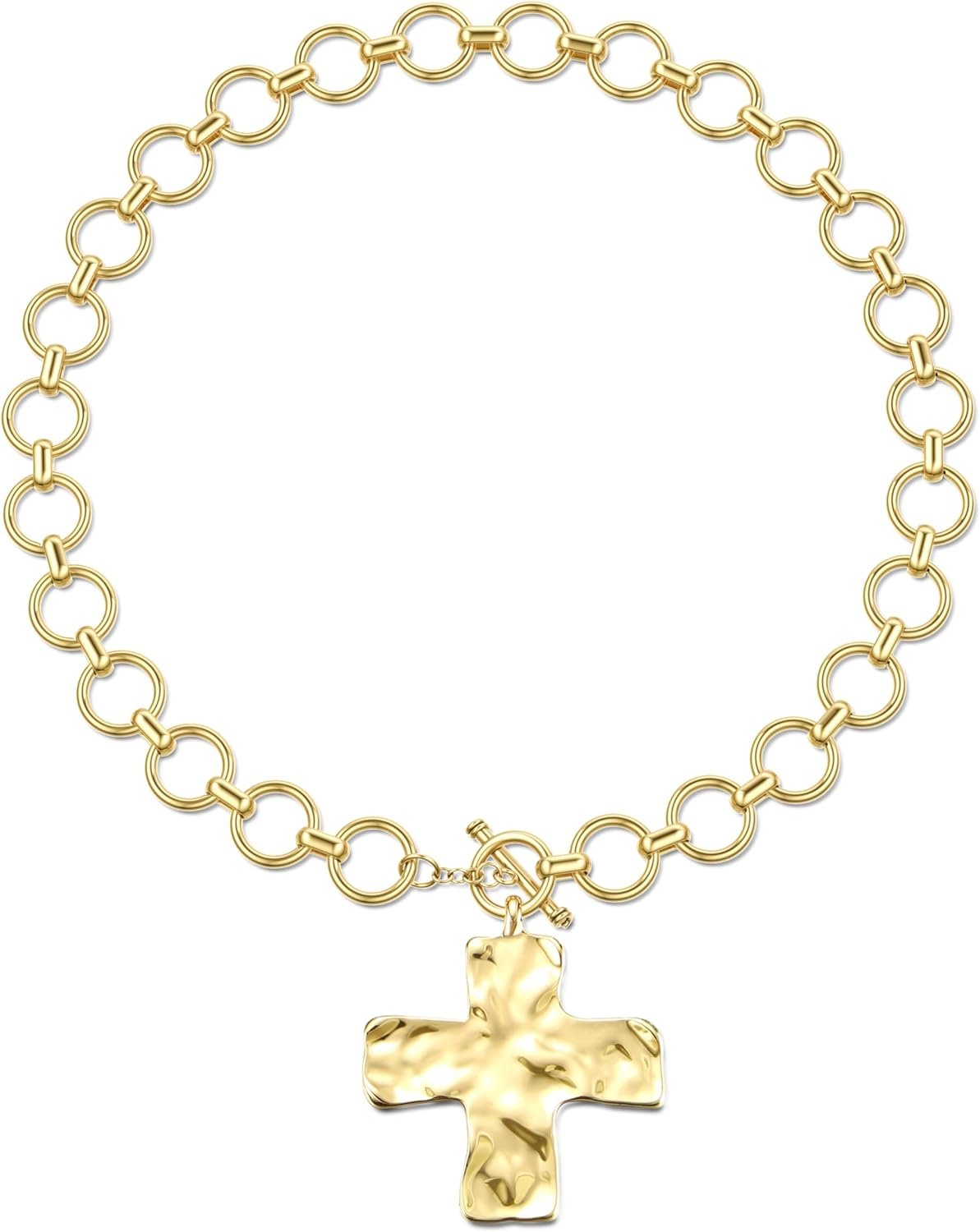 TEN MIRO 18k Chunky Gold Necklace for Women Sweatproof, Non Tarnish Chunky Cross Necklaces Thick Gold Layering Hammered Bold Necklace Stacks Toggle Necklaces for Women