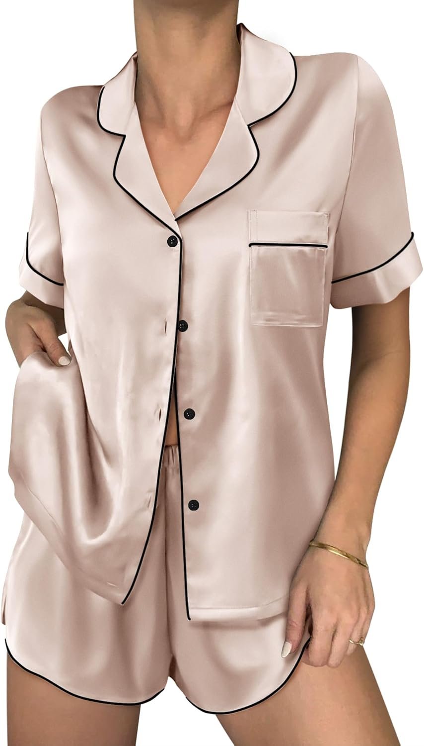 Ekouaer Womens Silk Satin Pajama Sets 2 Piece Button Down Silk Pjs Shorts Sets Cute Print Short Sleeve Sleepwear S-4XL