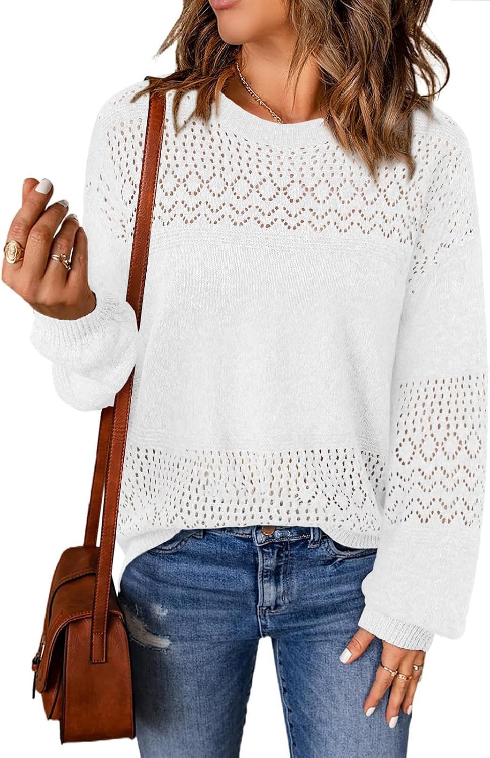 Lylinan Womens Sweaters Casual Boho Long Sleeve Shirts Crewneck Lightweight Crochet Tops Pullover Knit Sweater