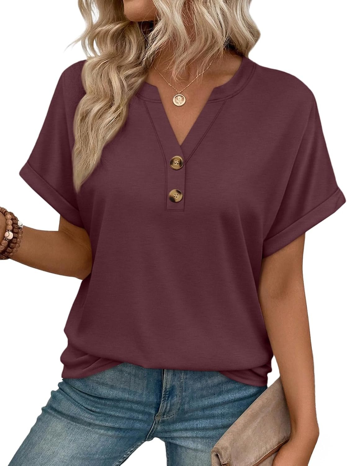 AUTOMET Womens Spring Tops 2026 Short Sleeve Shirts Henley Dressy Casual Blouses V Neck Fashion Tunics Trendy Flowy Clothing