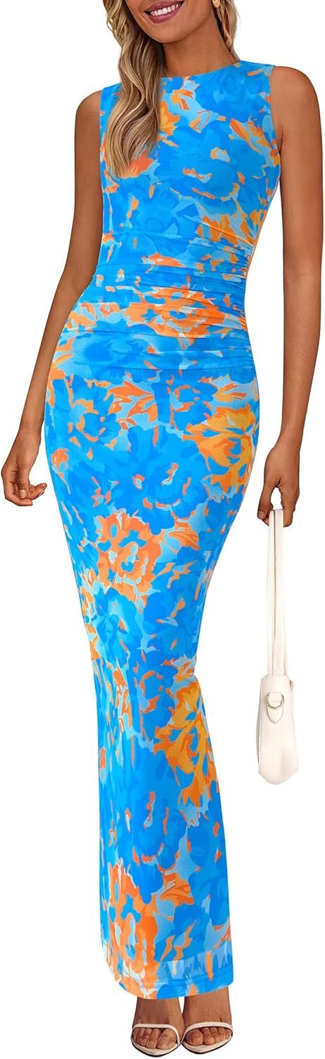 PRETTYGARDEN Womens Summer Wedding Guest Dress 2026 Spring Mesh Sleeveless Bodycon Ruched Floral Holiday Maxi Long Dresses