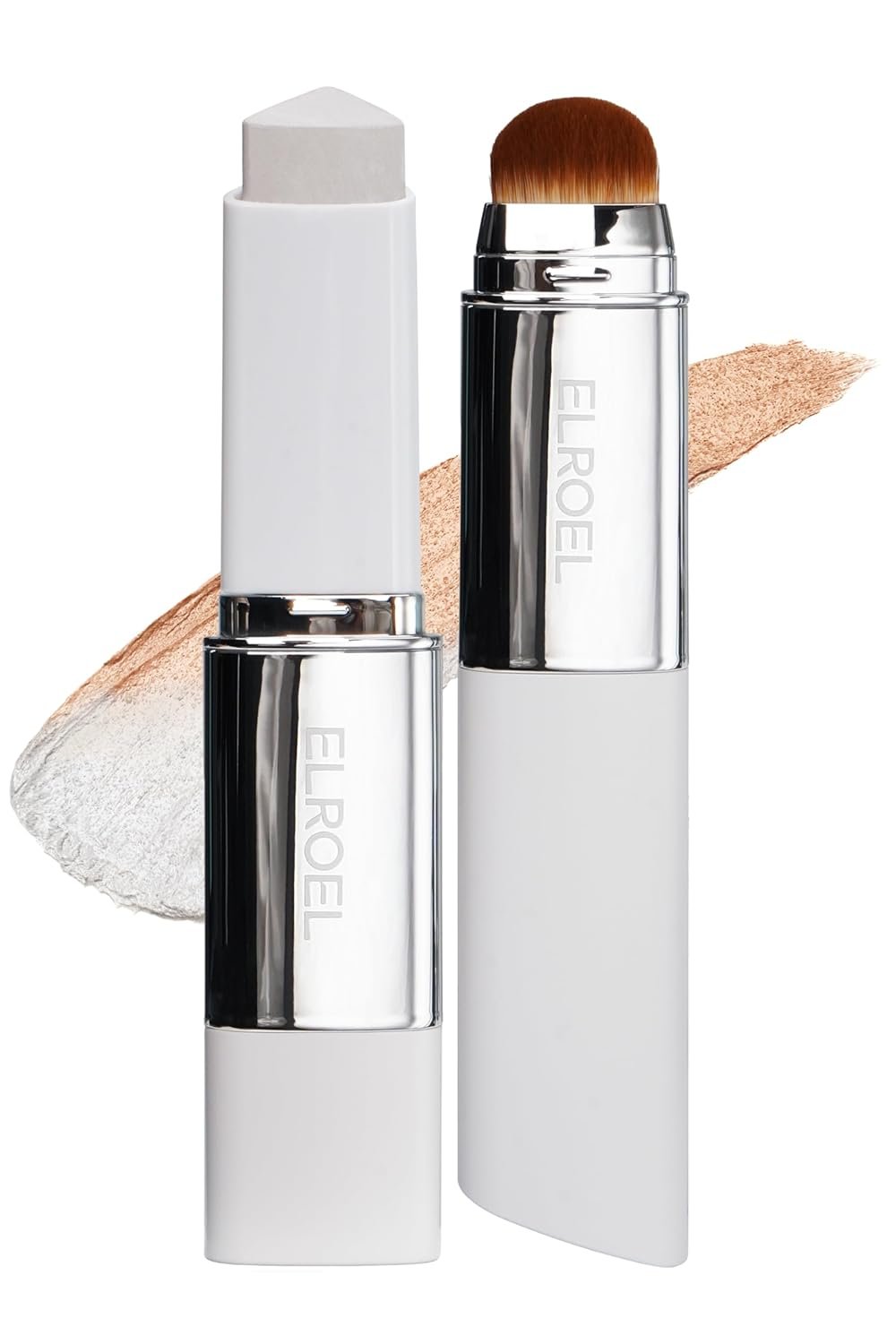 ELROEL Blanc Cover Cream Stick V White 0.45 oz – Korean Color-Changing Foundation Stick with Volufiline – Medium to Full Coverage Dewy Finish Base Makeup – Dual-Ended Detachable Brush (#202 Natural)