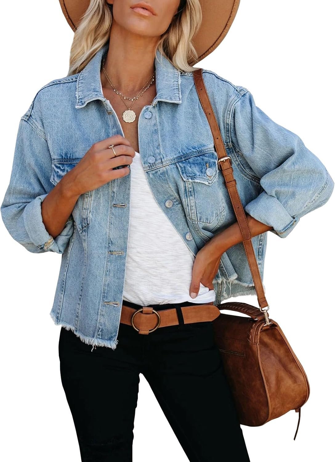 LONGBIDA Women’s Jean Jacket Frayed Washed Button Up Cropped Denim Jacket With Pockets