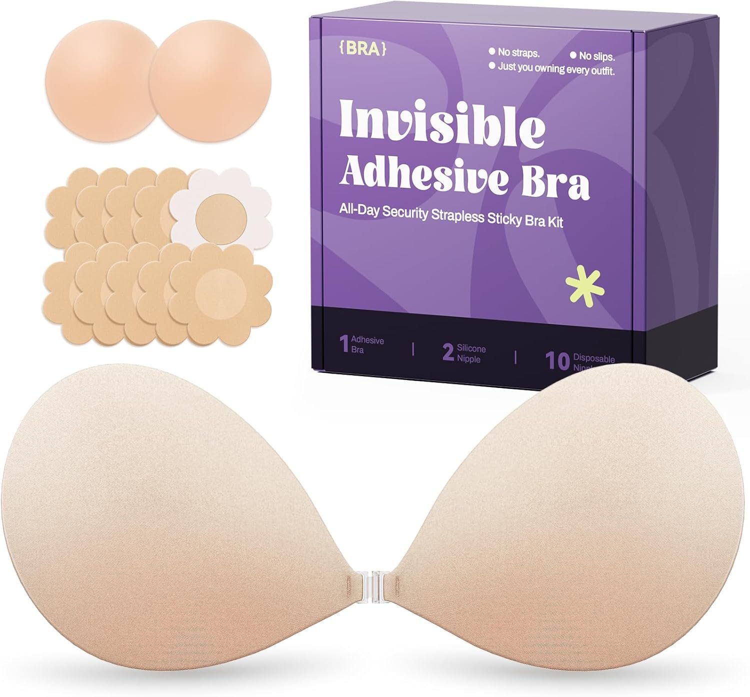 Invisible Strapless Sticky Bra Push up for Women, Ultra Adhesive Bra for Backless Dress, Cleavage Bra Lift Novelty Bras (C Cup, Light Beige)