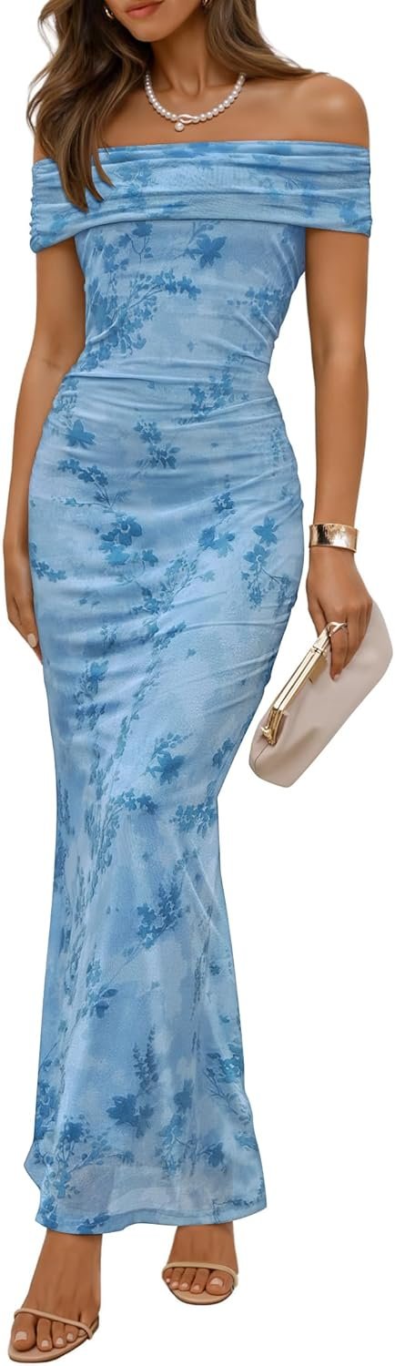 ZESICA Women’s Summer Off Shoulder Floral Bodycon Maxi Dress 2026 Ruched Elegant Formal Cocktail Wedding Guest Long Dresses
