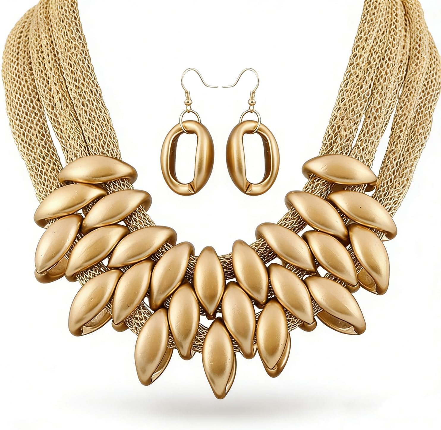 JKJF African Bib Choker Necklaces Earring Sets Chunky Tribal Style Statement Necklace African Layered Collar Necklace for Women – Gold
