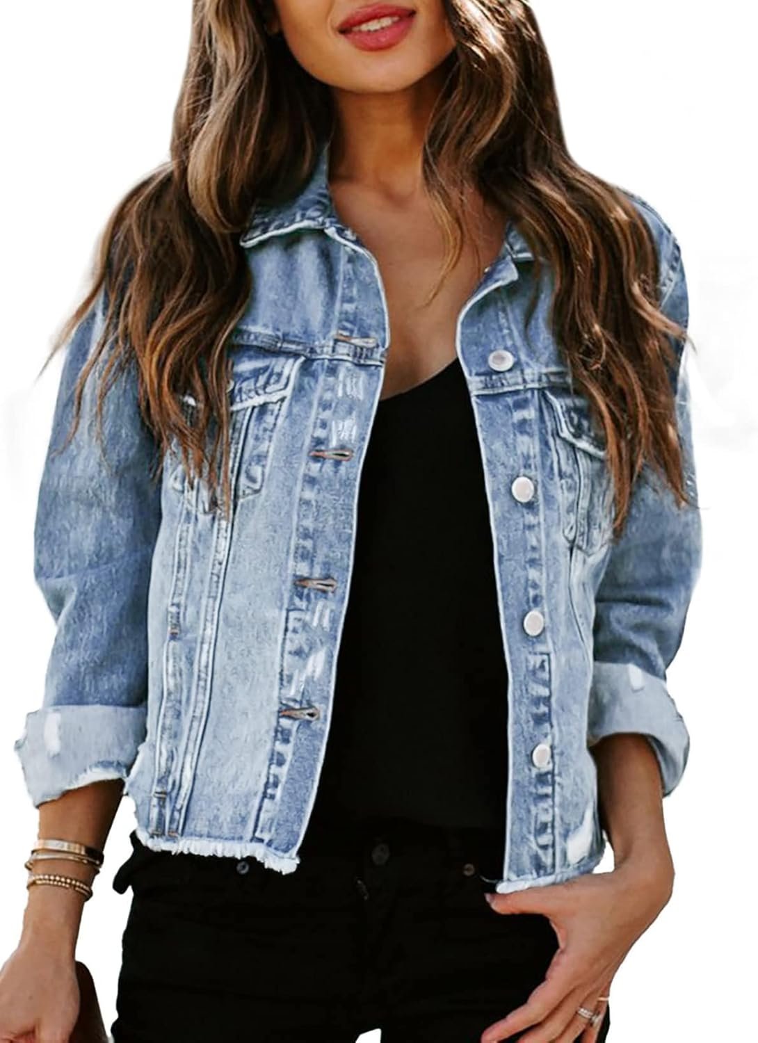 Sidefeel Women’s Denim Jacket Long Sleeve Button Distressed Ripped Zimbaplatinum Jean Coat