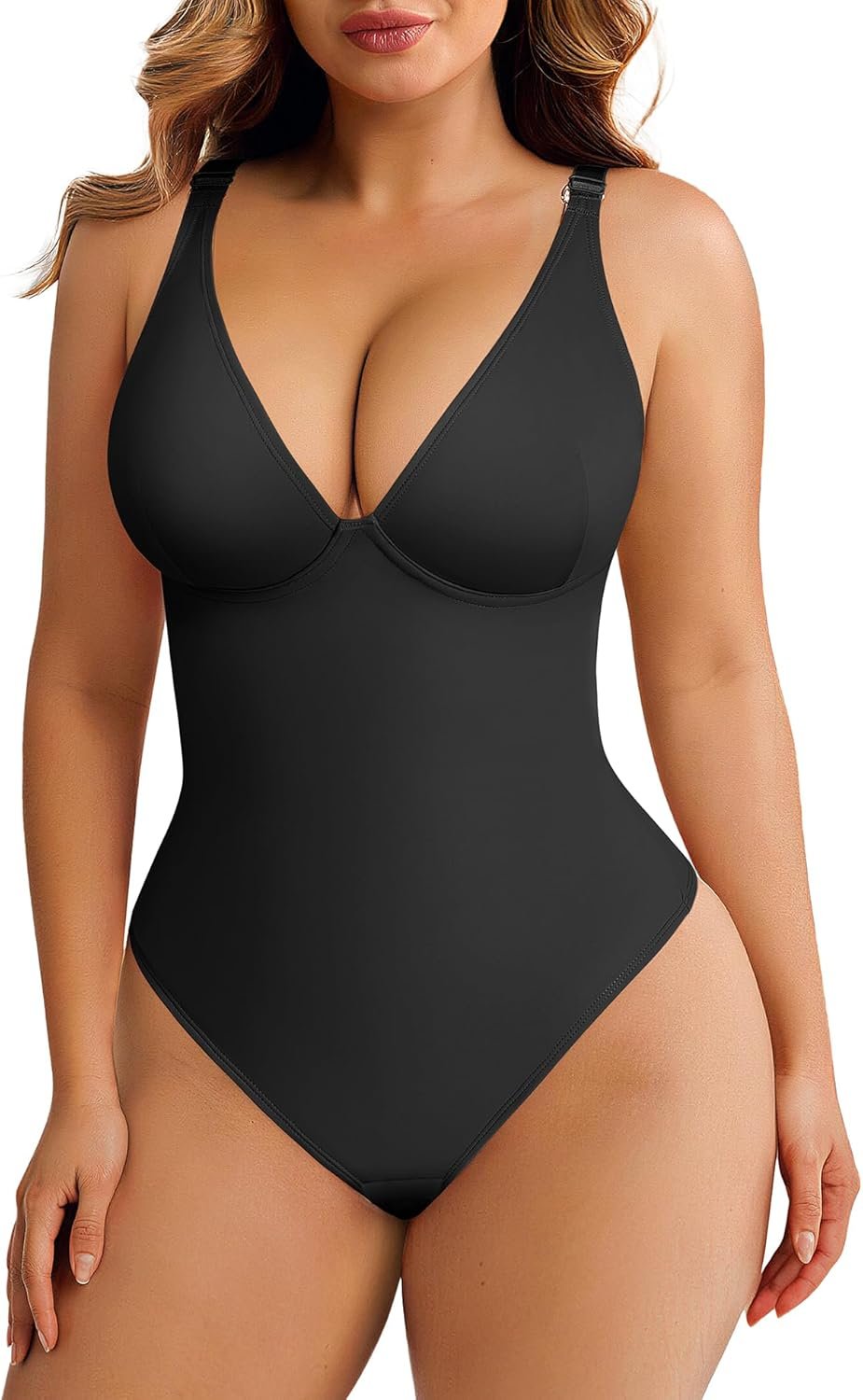 FeelinGirl Shapewear Bodysuits for Women Tummy Control Body Suits Deep V Neck Thong Body Shaper
