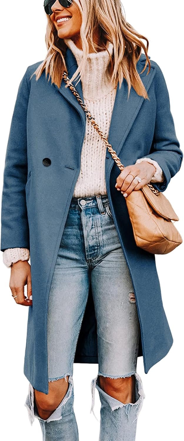 Tanming Women’s Notch Lapel Double Breasted Wool Blend Mid Long Pea Trench Coat
