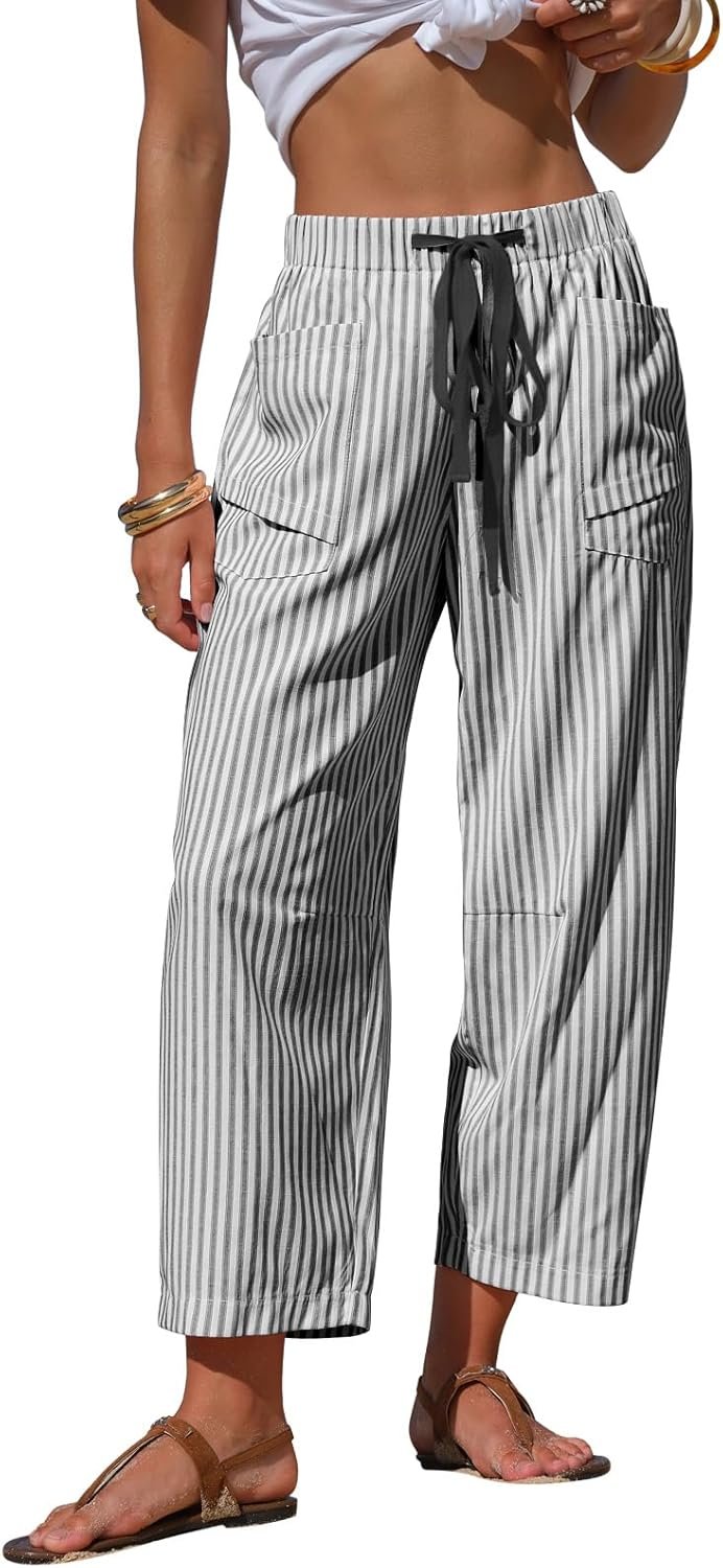 EXLURA Womens Summer Faux Linen Striped Barrel Pants Comfy Drawstring Capri Pant with Pockets Beach Vacation Lounge Trousers