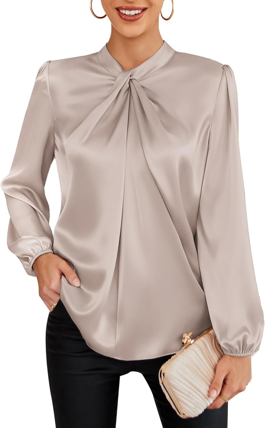GRACE KARIN Women’s Long Sleeve Satin Blouse,Mock Neck Work Silk Shirts,Dressy Tops for Business Casual Office