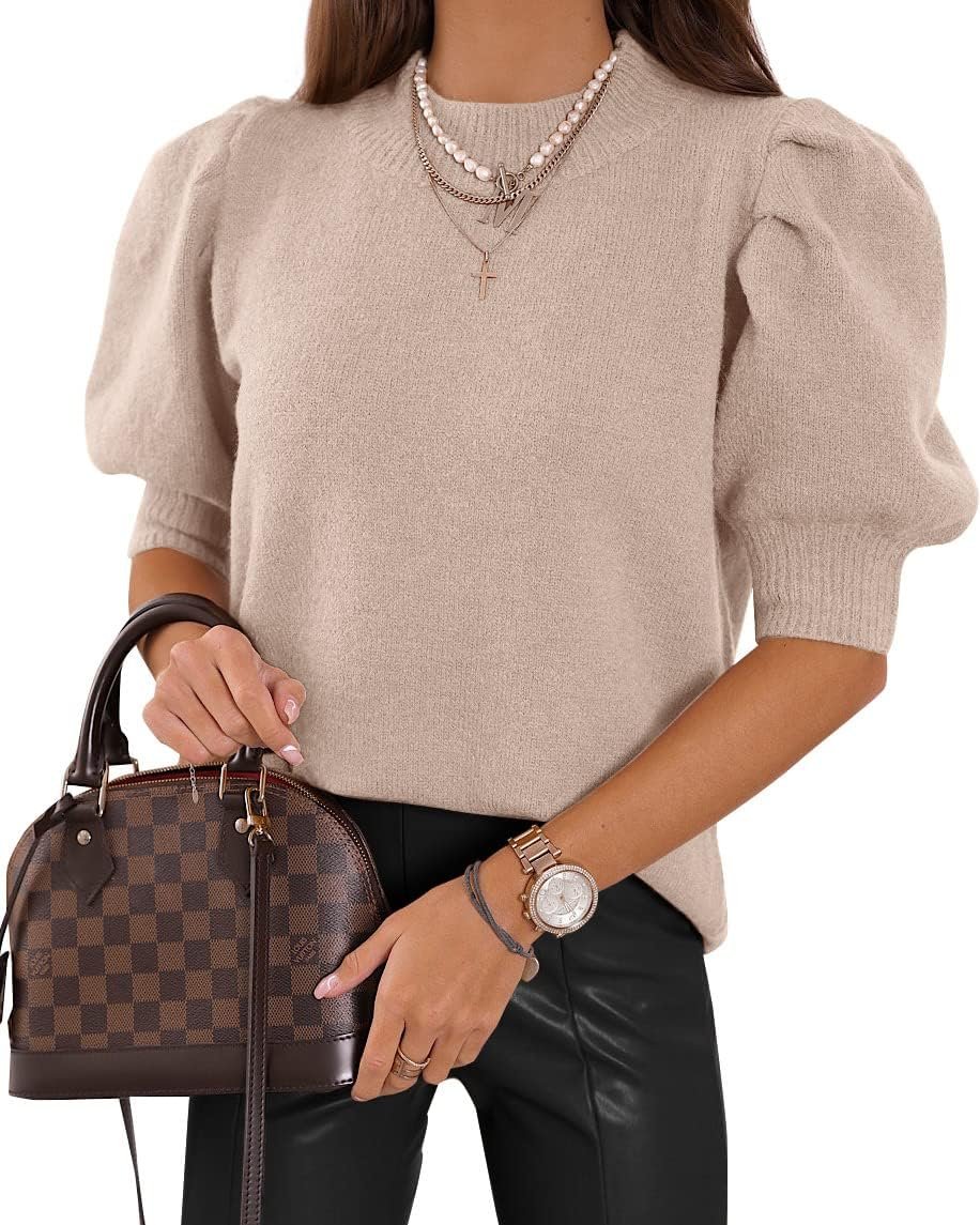 Women’s Puff Short Sleeve Sweater Tops 2025 Summer Fall Trendy Knit Crew Neck Casual T Shirts Blouses