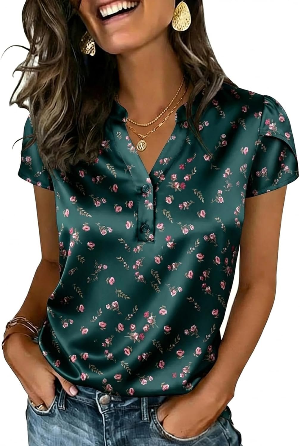 Yousify Women Satin Blouse for Women Business Work Tops Casual Cap Sleeve V Neck Button Down Shirts