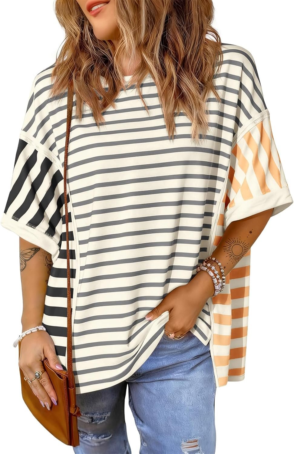 Tankaneo Womens Oversized Striped T-Shirts Color Block Short Sleeve Tee Tops Summer Casual High Low Hem Shirts