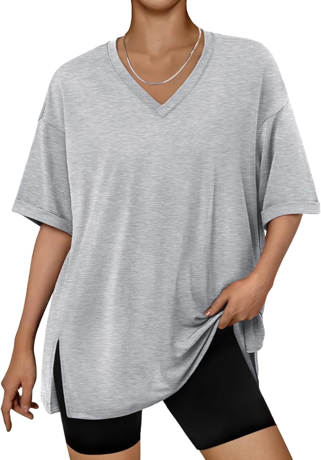 Trendy Queen Plus Size Oversized V-Neck Tshirt Breathable Elastic Fabric Tunic for Workout Gym Casual Homing Wear