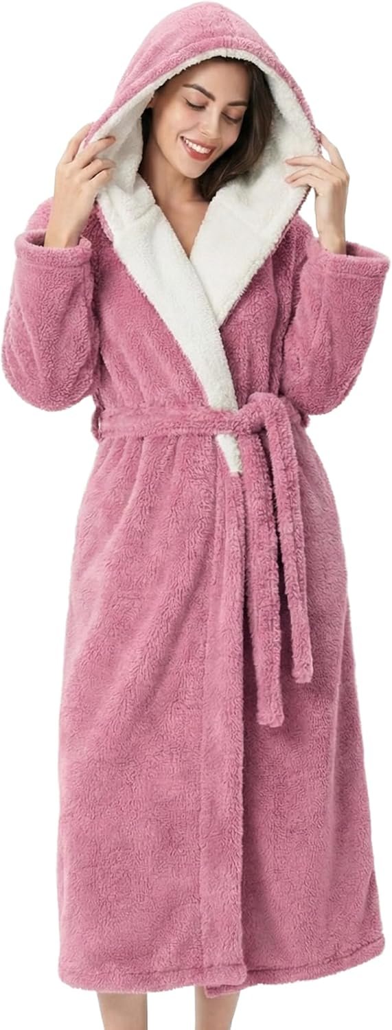 DAVID ARCHY Plush Robes for Women Warm Thick Fleece Fluffy Luxury Cozy Soft Hooded Bathrobe Winter House Full Length