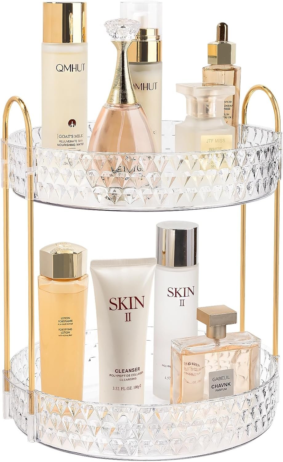 Rotating Makeup Organizer for Vanity, 2 Tier Perfume Skincare Storage for Women, Bathroom Counter Organizer, 360° Spinning Cosmetic Holder for Dresser Countertop, Clear