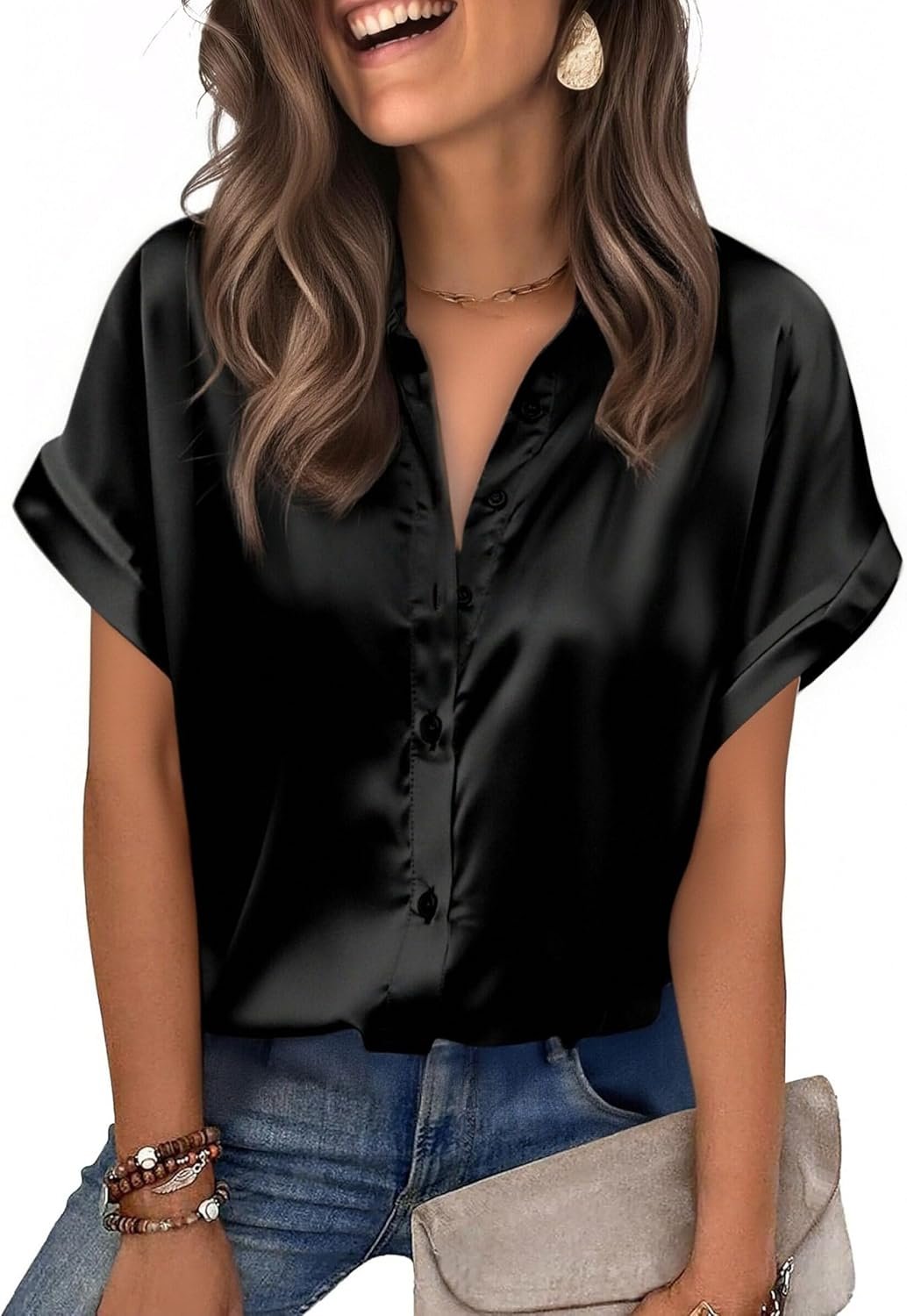 Zeagoo Womens Satin Blouse Short Sleeve Silk Tops Button Down Shirts Business Casual Outfits