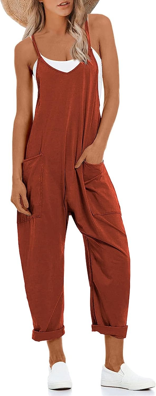 Lentta Women’s Causal Jumpsuits V Neck Sleeveless Harem Overalls Stretchy Adjustable Strap Romper with Pockets