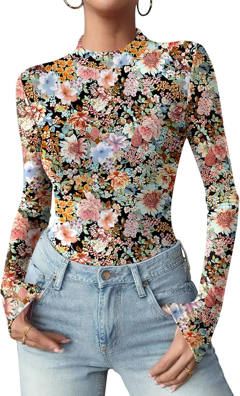Zeagoo Womens Floral Mesh Long Sleeve Tops See Through Going Out Blouses Mock Neck Sheer Party Outfits Shirts S-XXL