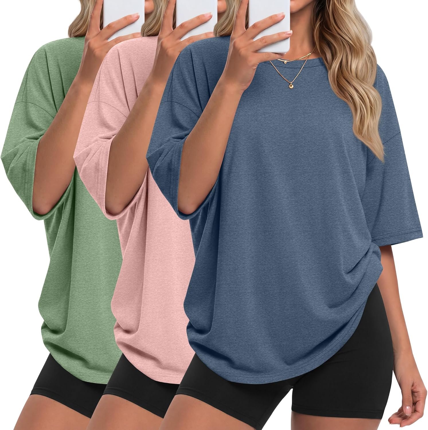 3 Pack Women’s Oversized T Shirts 90% Cotton Half Sleeve Crewneck Summer Baggy Workout Gym Tees Tops