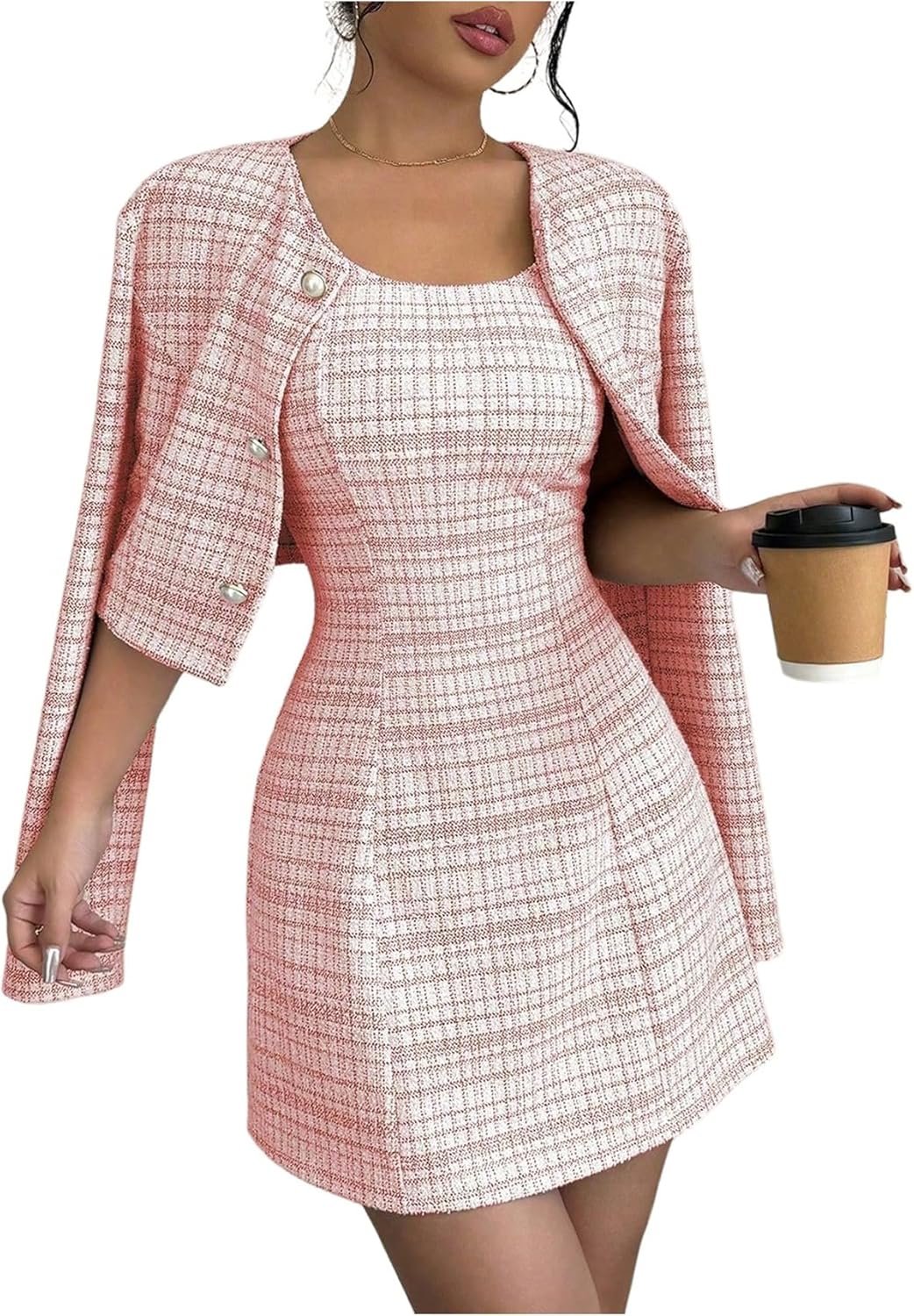 SOLY HUX Women’s 2 Piece Outfits Plaid Long Sleeve Button Down Cropped Jacket and Sleeveless Mini Dress Sets
