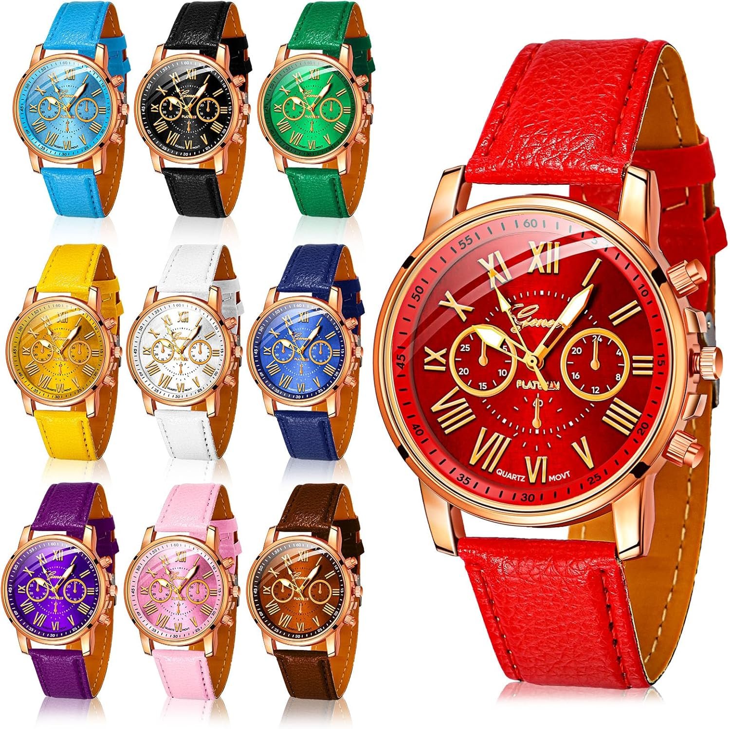 Yinkin 10 Pcs Assorted Platinum Watch Unisex Quartz Watch Sets for Women Men Ladies Watches Roman Numerals PU Leather Women’s Wrist Watches