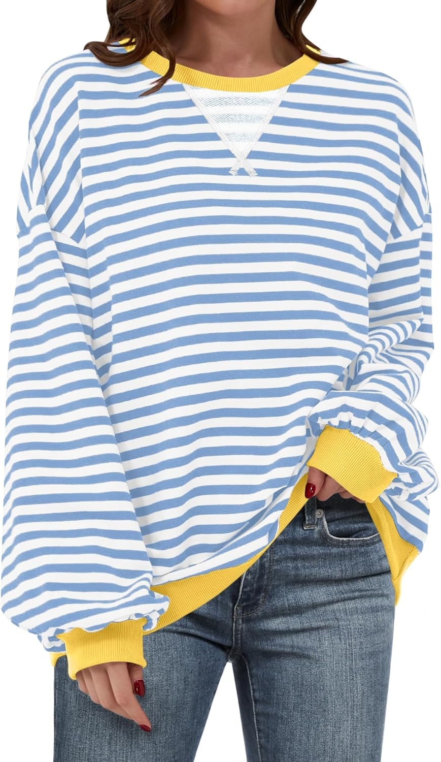 ANRABESS Women’s Striped Oversized Sweatshirts Crew Neck Long Sleeve Shirts Soft Color Block Pullover Top Fashion Clothing