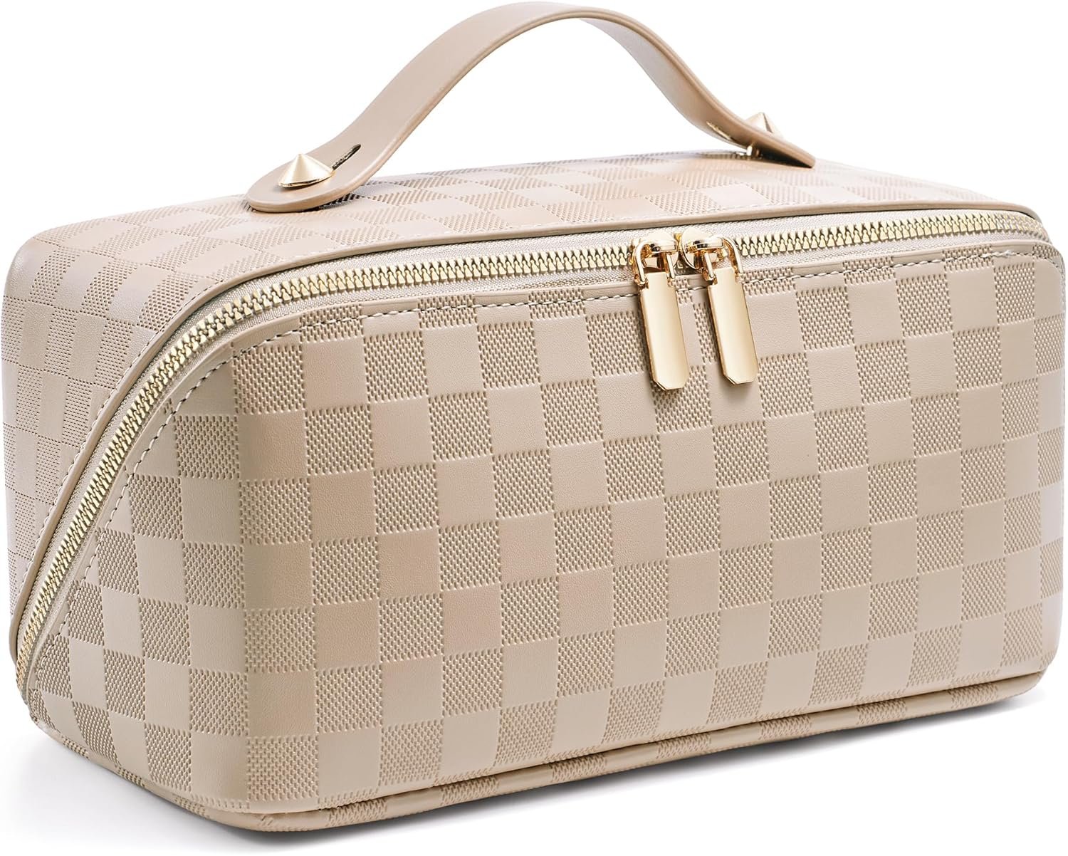 Large Capacity Travel Cosmetic Bag – Portable Makeup Bags for Women Waterproof PU Leather Checkered Makeup Organizer Bag with Dividers and Handle,Toiletry Bag for Cosmetics