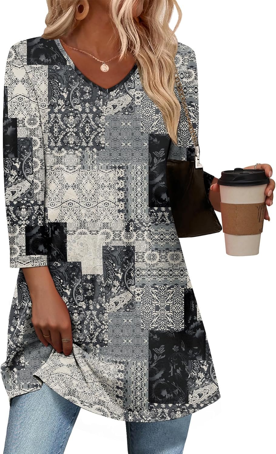 OFEEFAN 3/4 Length Sleeve Womens Tops Dressy Casual Plus Size Tunics to Wear with Leggings