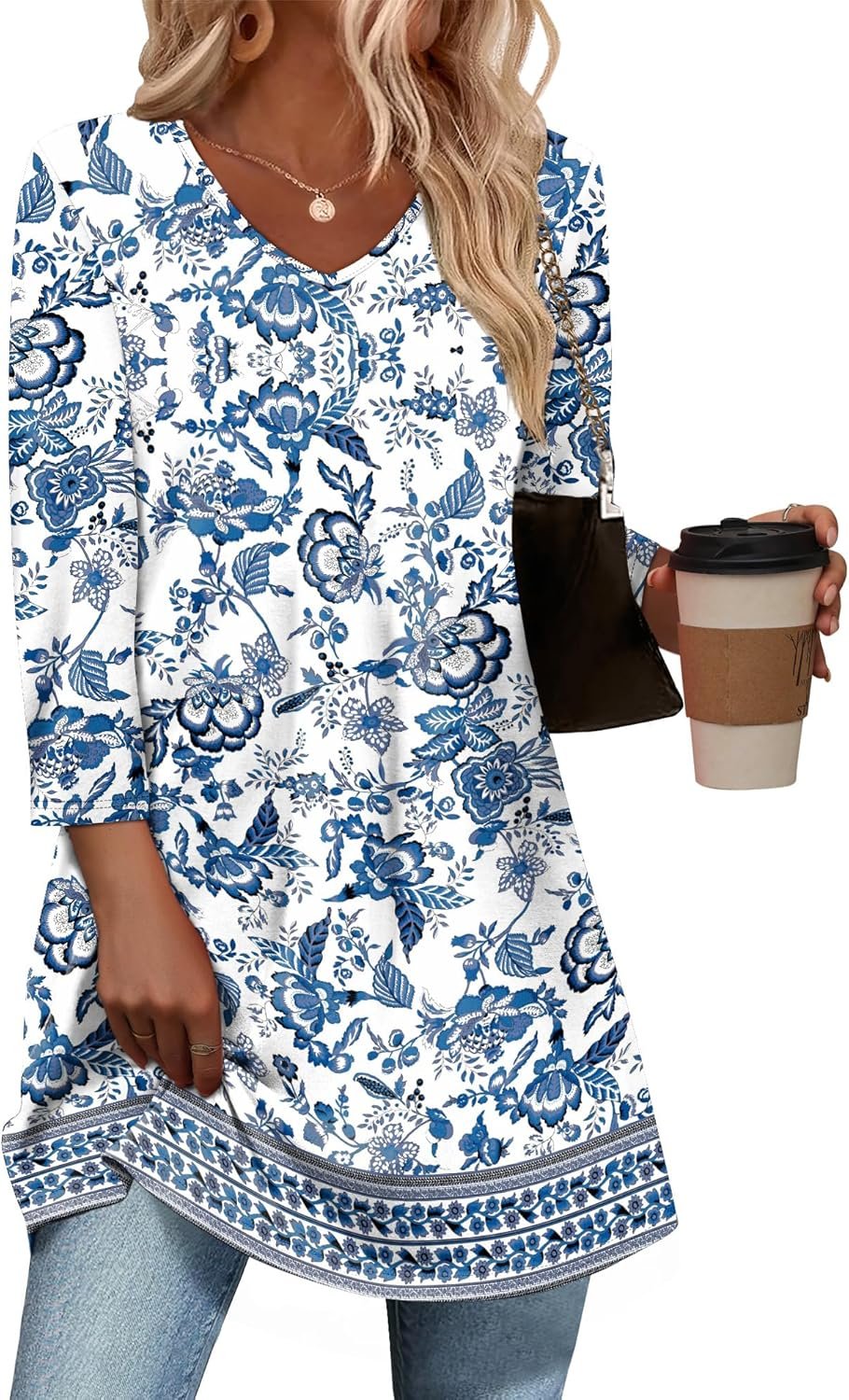 OFEEFAN 3/4 Length Sleeve Womens Tops Dressy Casual Plus Size Tunics to Wear with Leggings