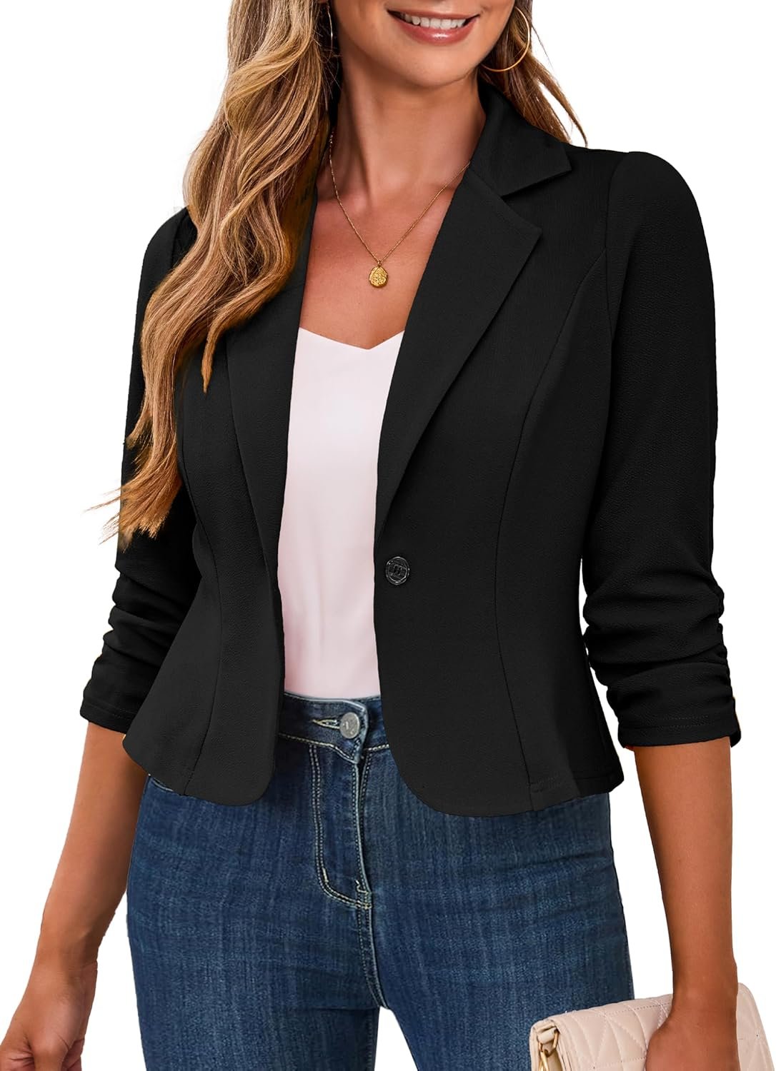 Traleubie Women’s Cropped Blazers 3/4 Ruched Sleeve Lightweight Office Wear Short Blazer with Button, S-XL