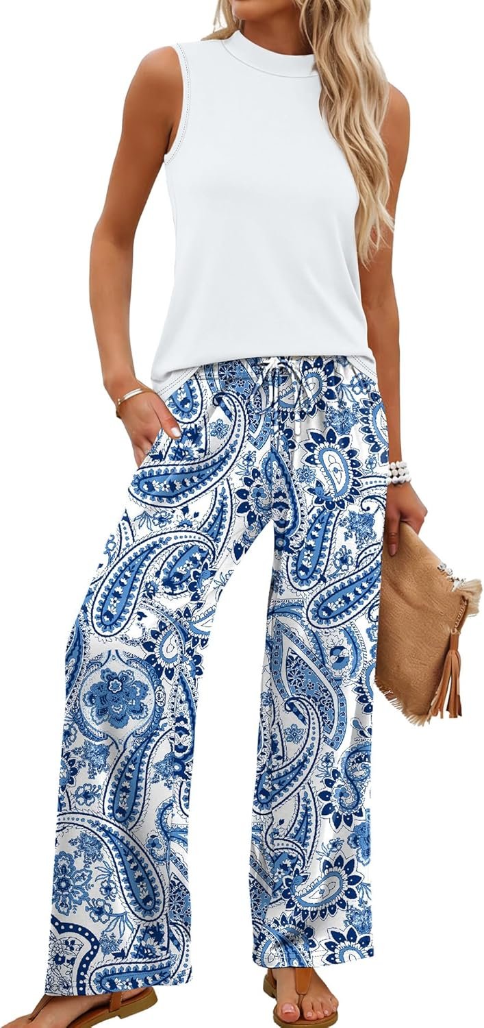 WIHOLL Two Piece Set for Women Summer Spring Outfits Cruise Travel Airport Beach Vacation Mock Neck Wide Leg Pants Set