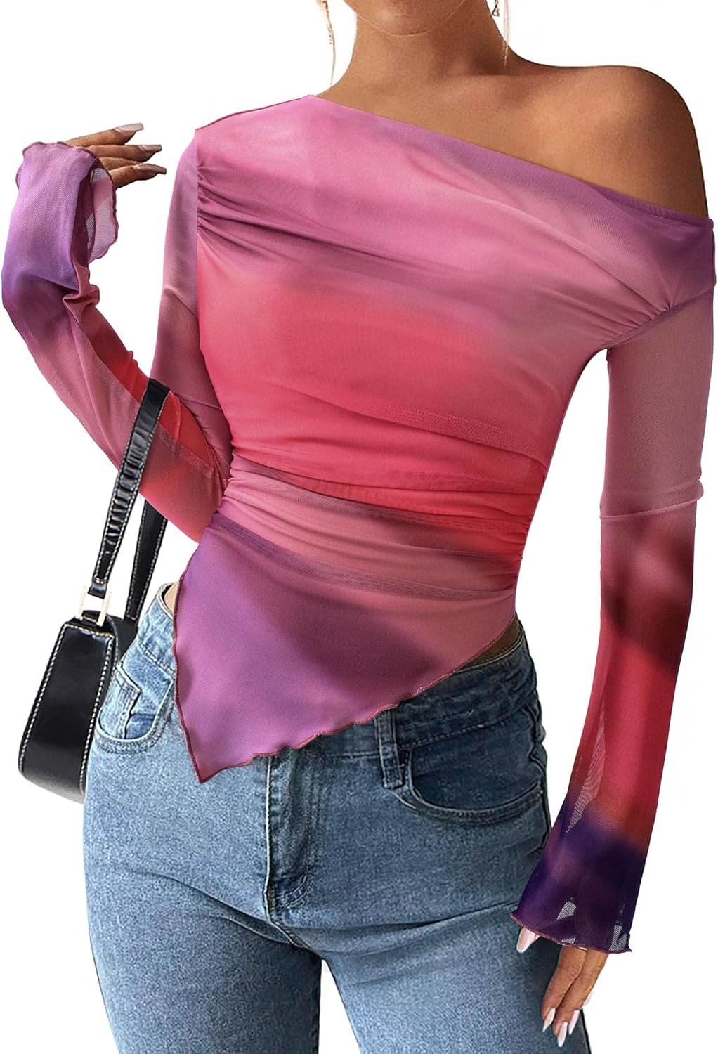 PRETTYGARDEN Womens Fall Trendy Off Shoulder Y2k Tops 2026 Tie Dye Mesh Long Sleeve Shirts Asymmetrical Ruched Floral Blouse