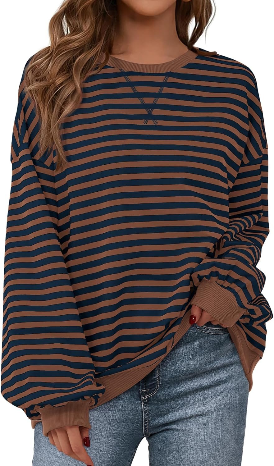 BTFBM Sweatshirt For Women 2026 Summer Crewneck Long Sleeve Oversized Striped Pullover Tops Y2K Clothes Workout Shirt