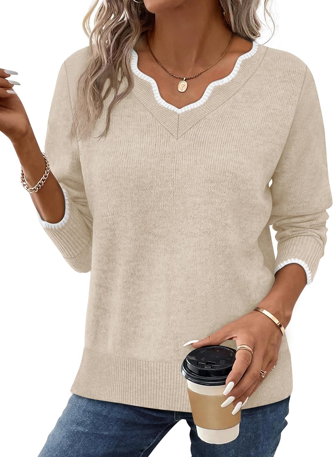 OFEEFAN Womens V Neck Sweaters Pullover Cozy Lightweight Sweaters Long Sleeve Tops Winter Clothing 2026