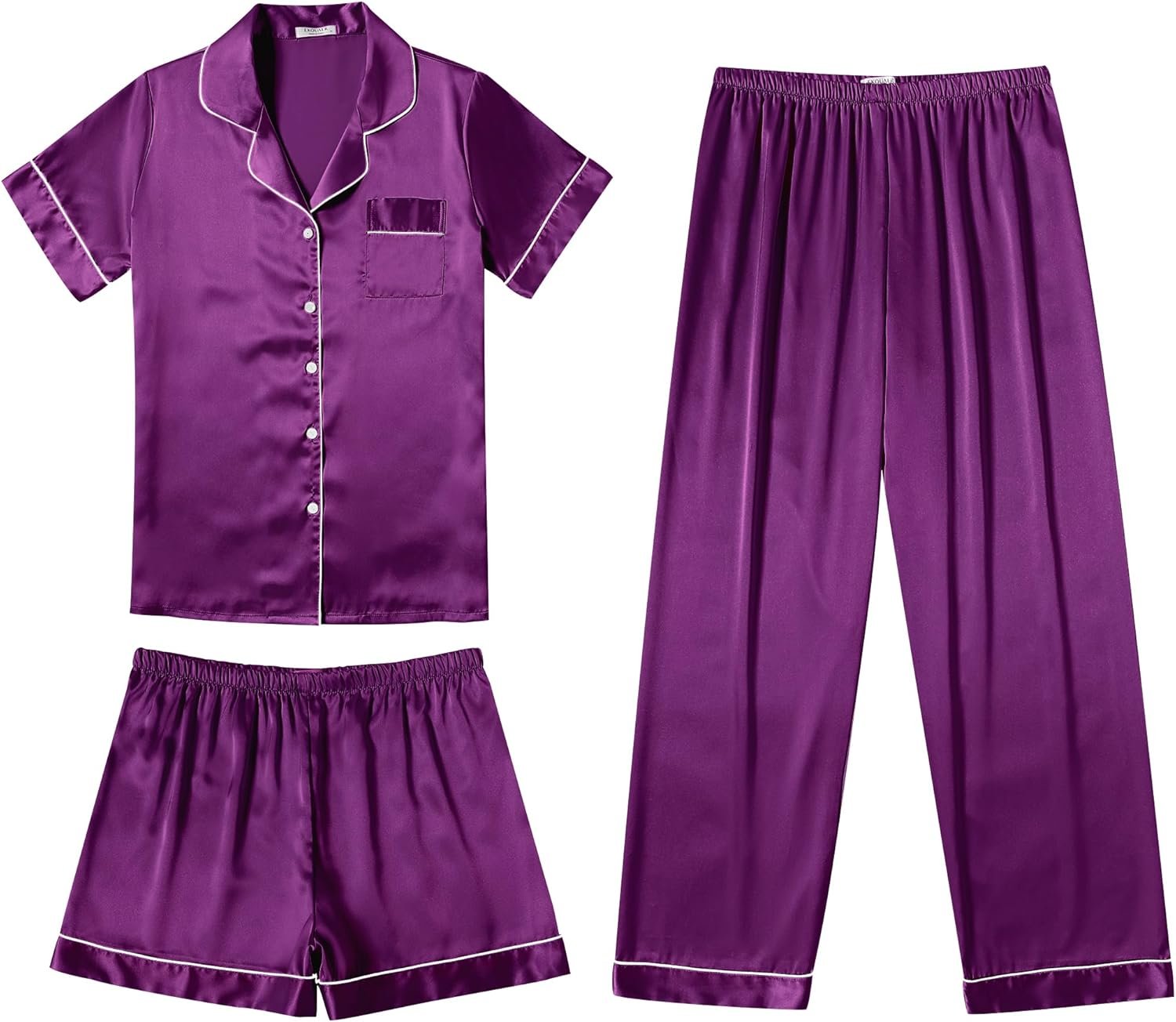 Ekouaer Silk Pajamas for Women Set Satin Pjs Soft Short Sleeve Button Down Sleepwear 3 Piece Loungewear S-XXL